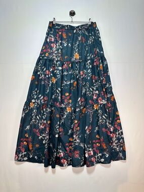 Emily Rose Floral Maxi Skirt Dark Teal Tiered Boho Flowy Size L